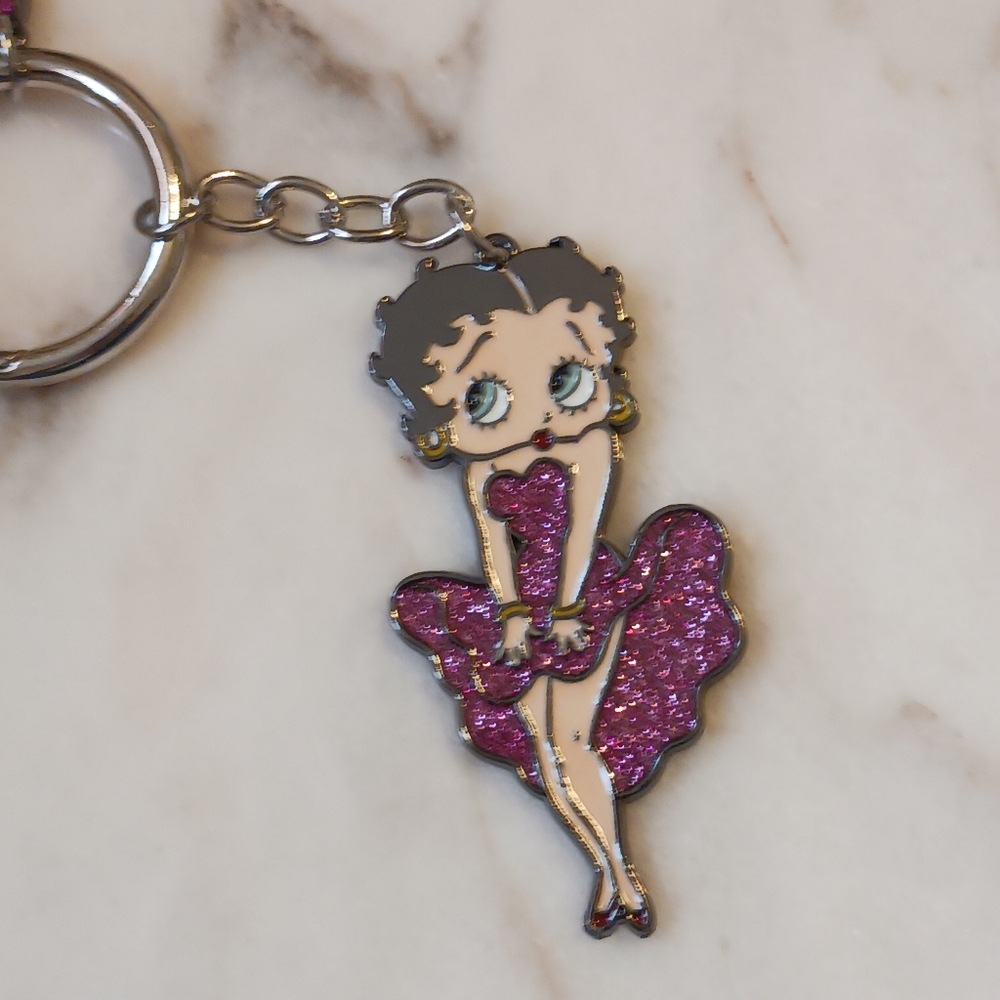 NWOT Betty Boop Metal Bag Charm, Glittery Purple And Silver Key Chain